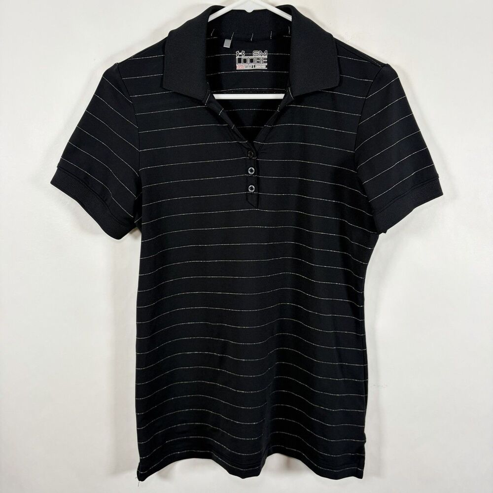 Under Armour HeatGear Golf Polo Shirt Womens Size Small Black Sparkle Striped